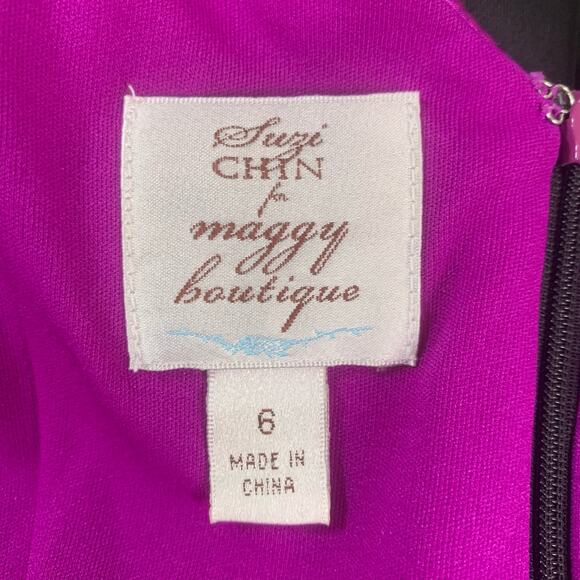 Suzi Chin Maggy Boutique Sz 6 Combo Sheath Dress Fuschia Black Silk Cocktail - Picture 10 of 11